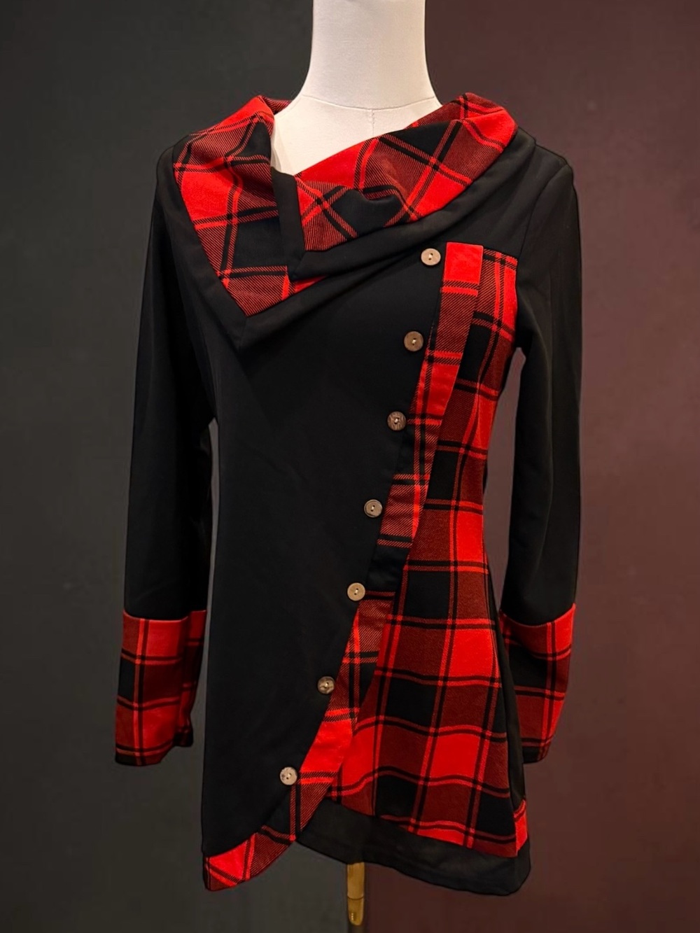 NWOT Black & Red Plaid Asymmetrical Women's Trench Sweater